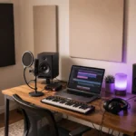 Affordable home music studio with microphone, audio interface, MIDI keyboard, headphones, monitors, and acoustic panels.