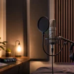 Home vocal recording setup with condenser microphone, pop filter, headphones and audio interface